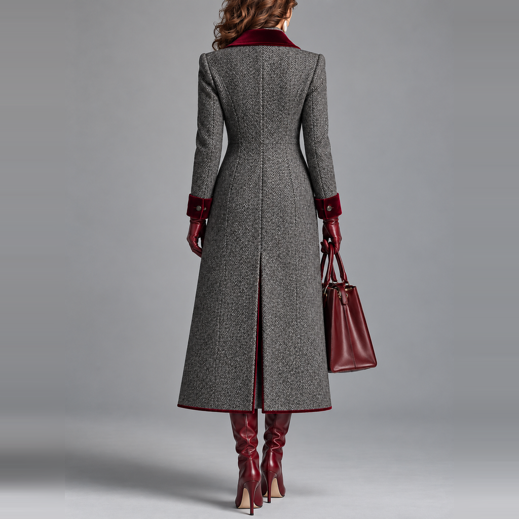 Heather | Elegant Herringbone Wool Long Coat with Velvet Trim