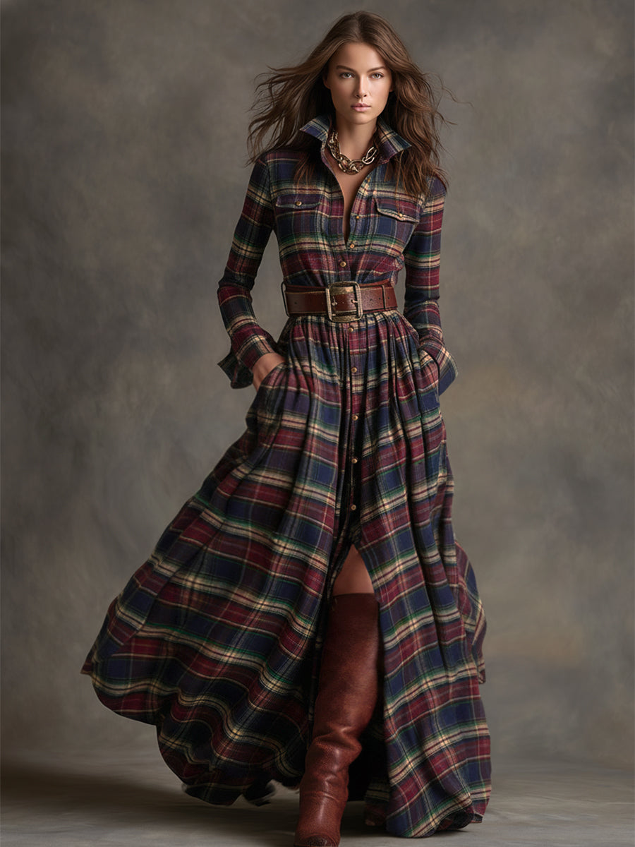 Harriet – Belted Plaid Lapel Maxi Dress