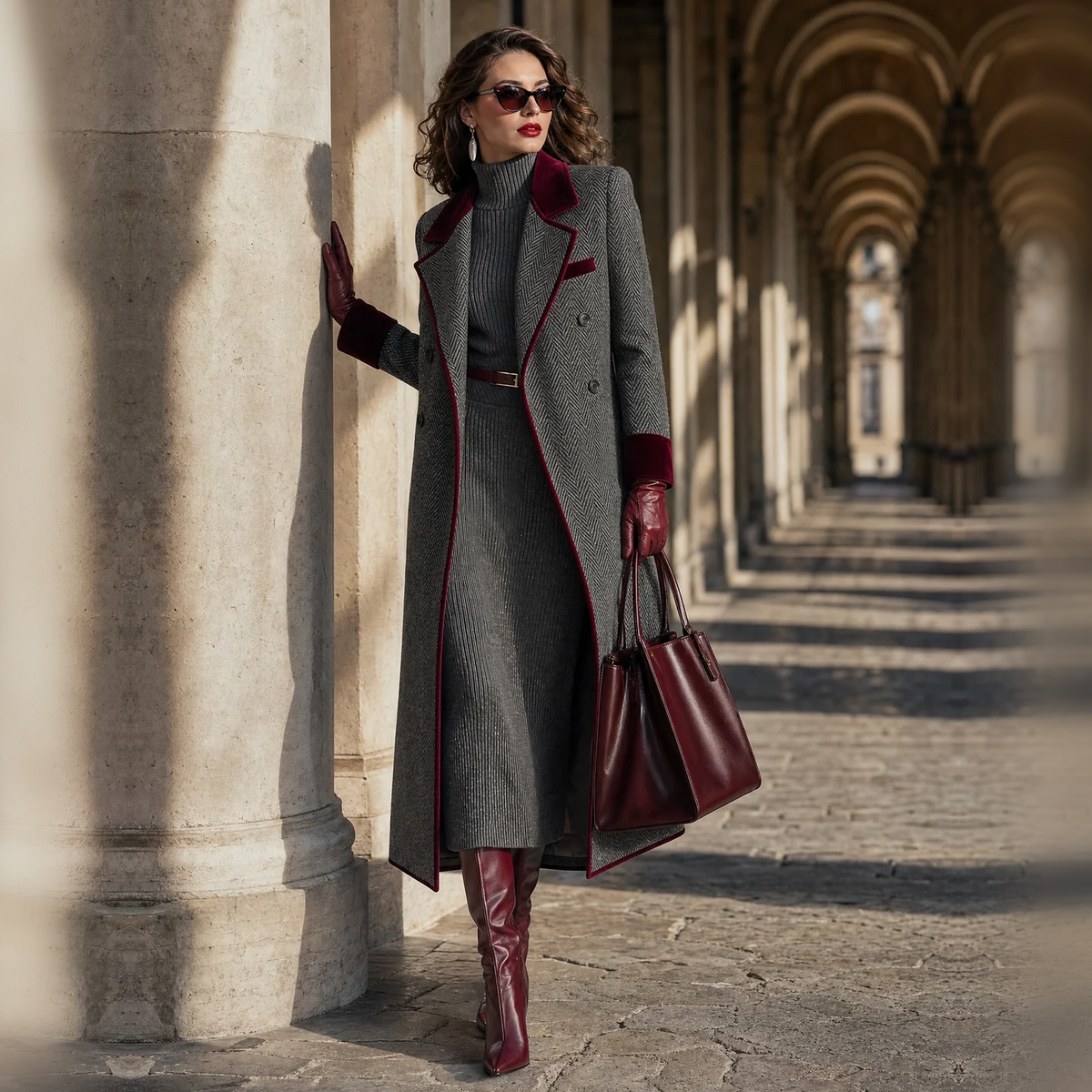 Heather | Elegant Herringbone Wool Long Coat with Velvet Trim
