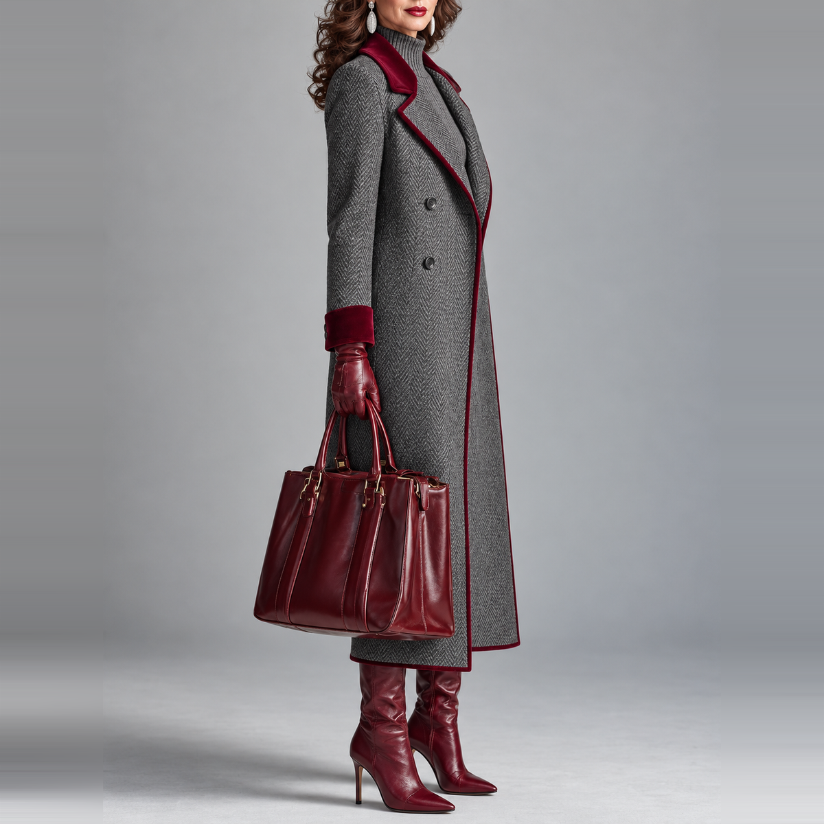 Heather | Elegant Herringbone Wool Long Coat with Velvet Trim