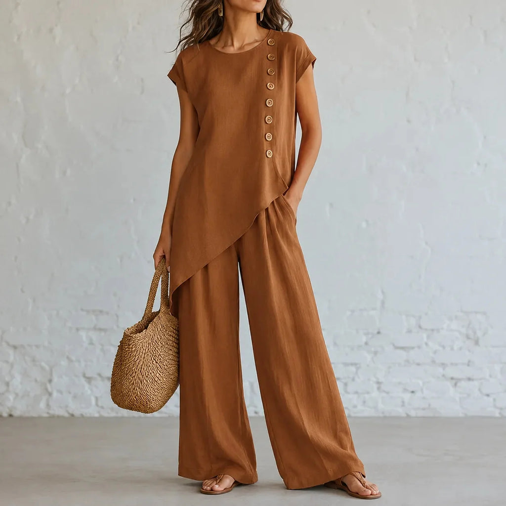 Elovena – Asymmetric Hem Top & Wide-Leg Pants Set