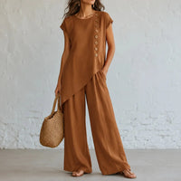 Elovena – Asymmetric Hem Top & Wide-Leg Pants Set