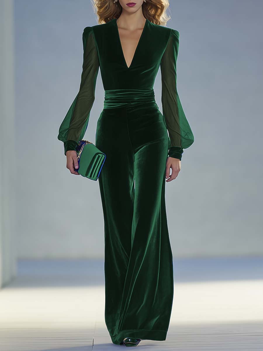 Winona – Velvet Jumpsuit with Sheer Sleeves