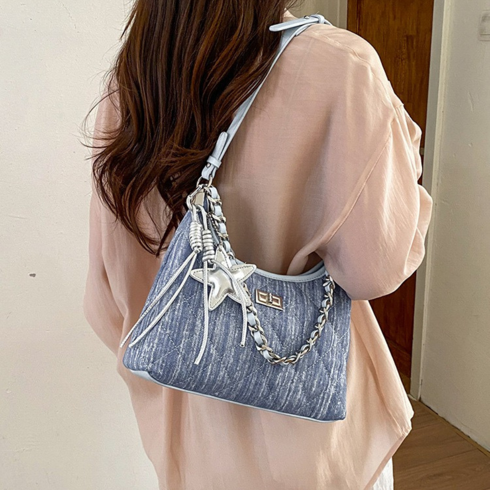 Fern Quilted Denim-Look Shoulder Bag — Sernelle — view 15
