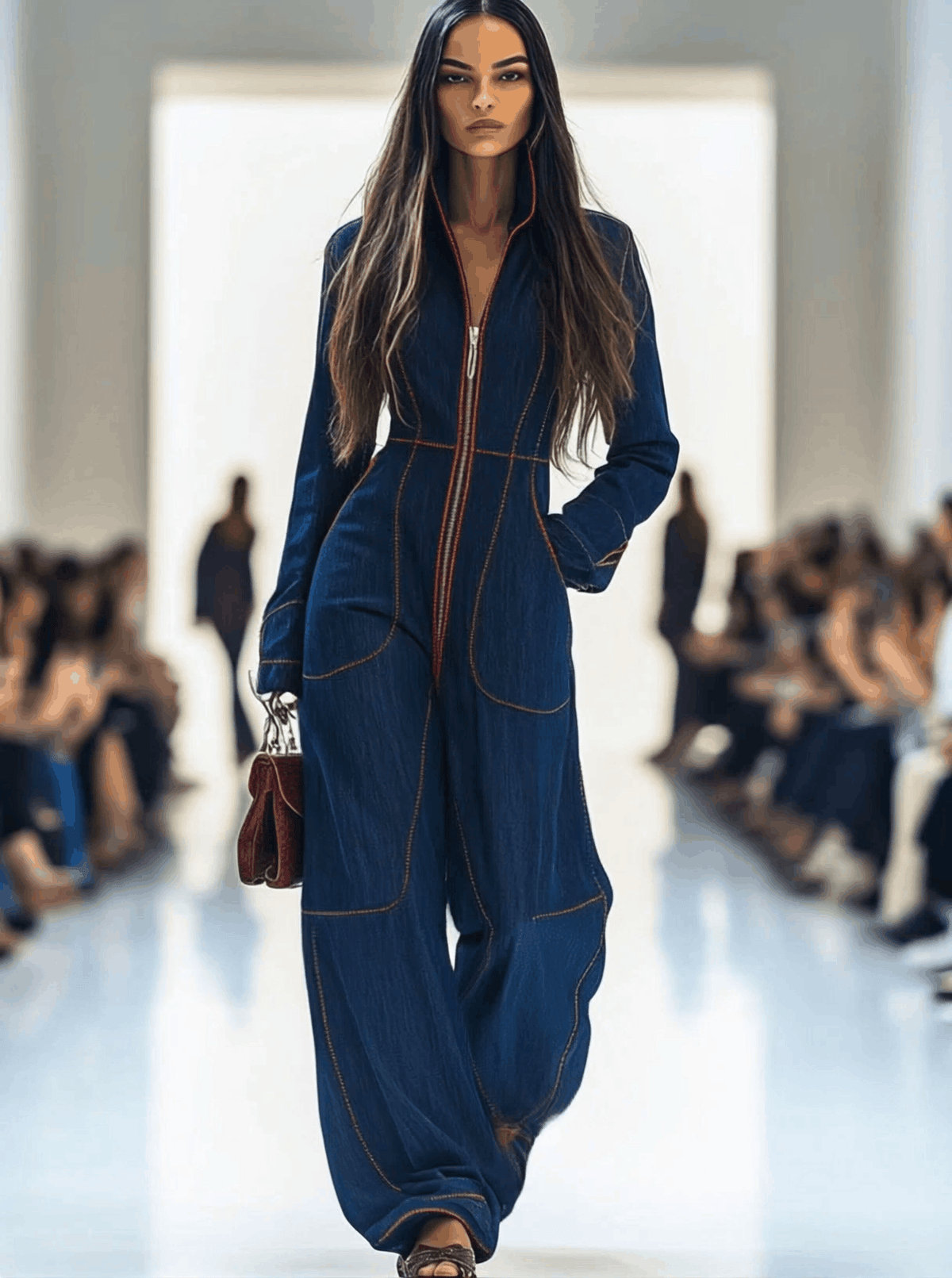 Dolores – Topstitched Wide-Leg Denim Jumpsuit