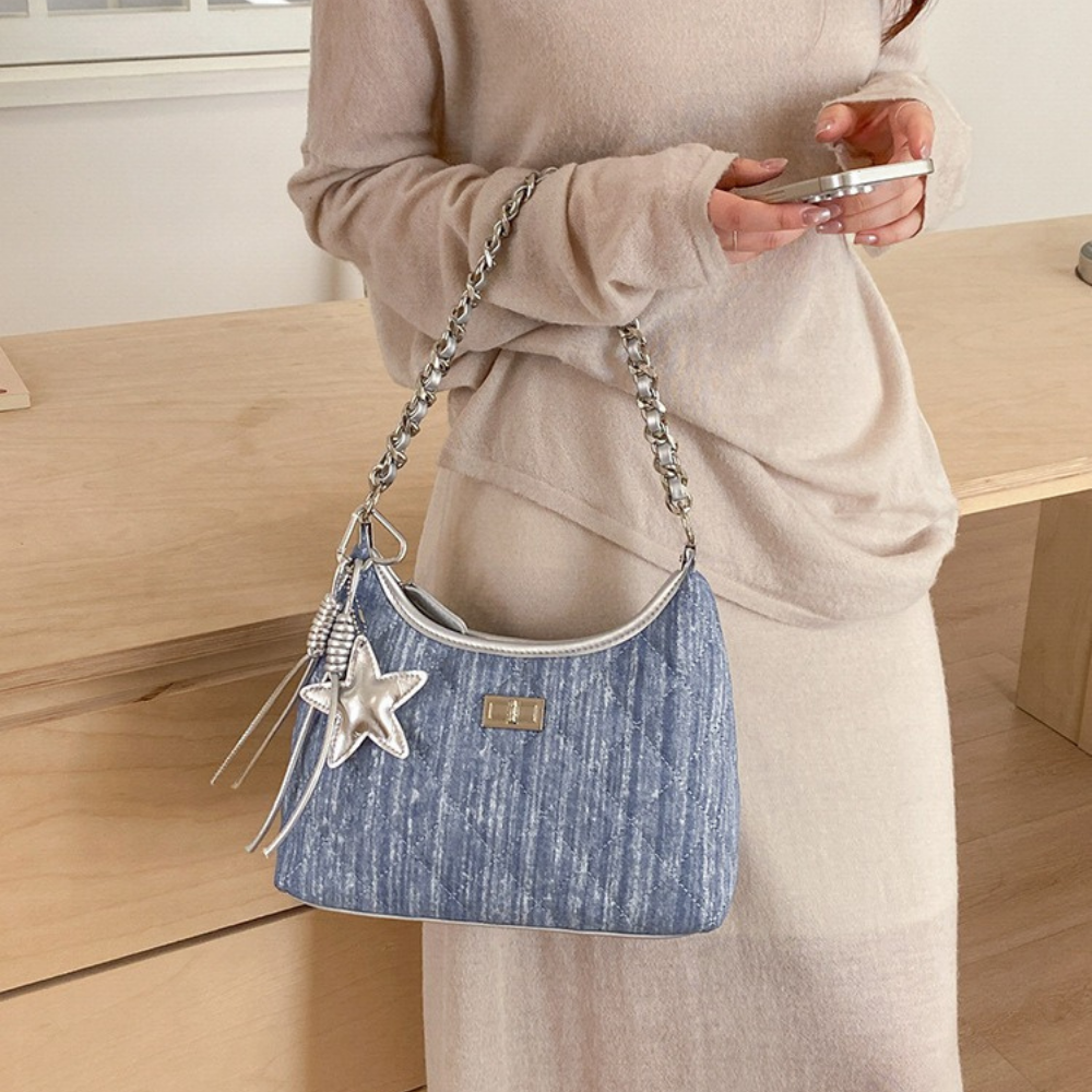 Fern Quilted Denim-Look Shoulder Bag — Sernelle — view 17