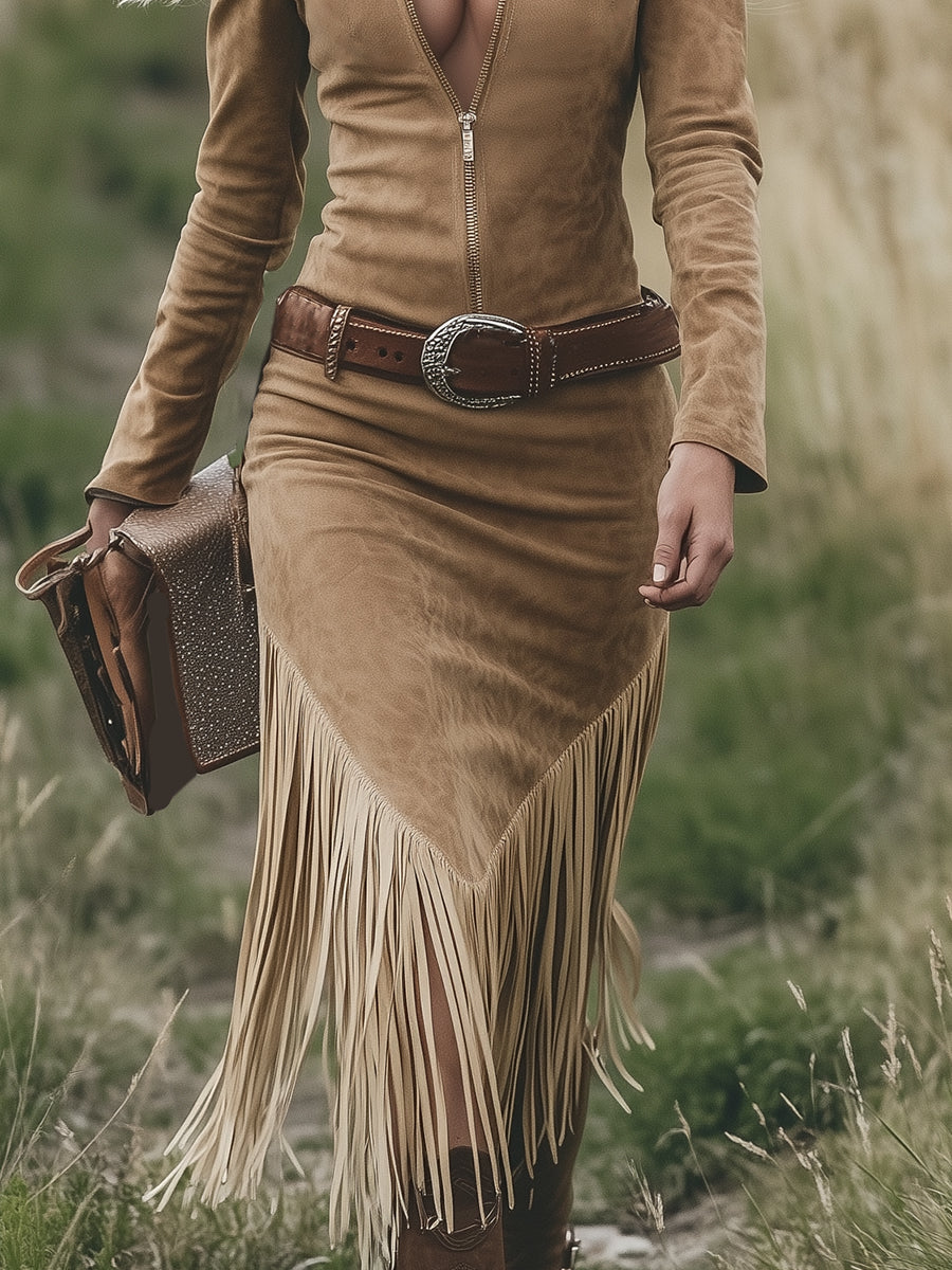 Ramona – Western Zip-Front Fringe Midi Dress