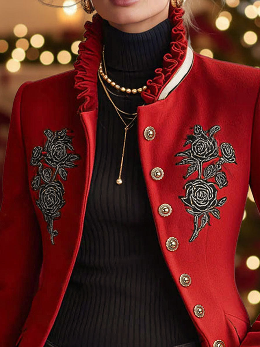 Pearl – Rose Embroidered Ruffle-Collar Jacket