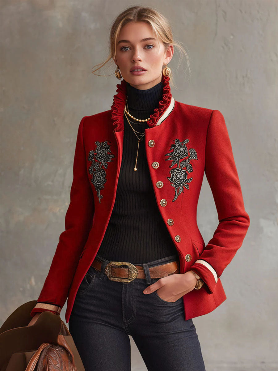 Pearl – Rose Embroidered Ruffle-Collar Jacket