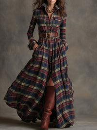 Harriet – Belted Plaid Lapel Maxi Dress