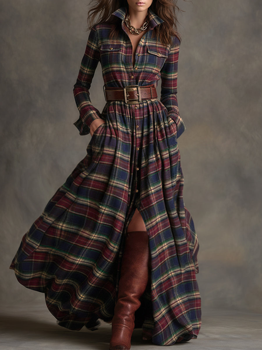 Harriet – Belted Plaid Lapel Maxi Dress