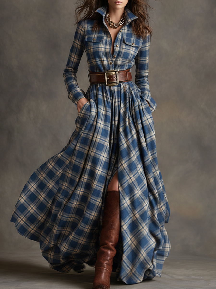 Harriet – Belted Plaid Lapel Maxi Dress