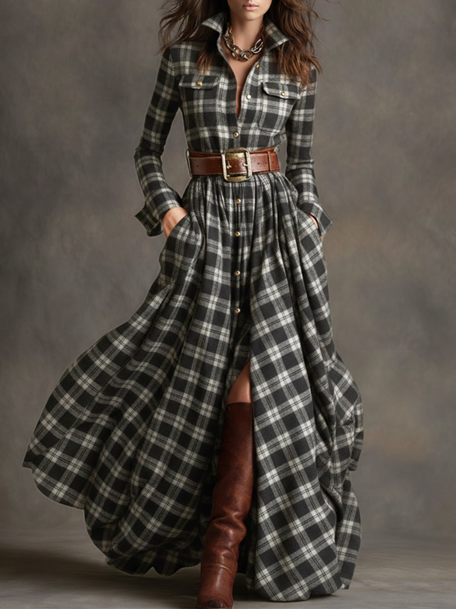 Harriet – Belted Plaid Lapel Maxi Dress