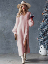 Maribel – Fluffy Knit V-Neck Midi Dress