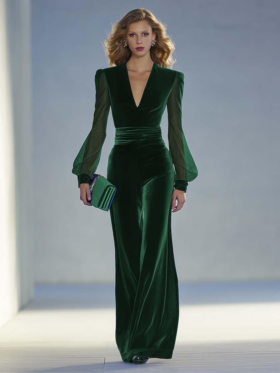 Winona – Velvet Jumpsuit with Sheer Sleeves