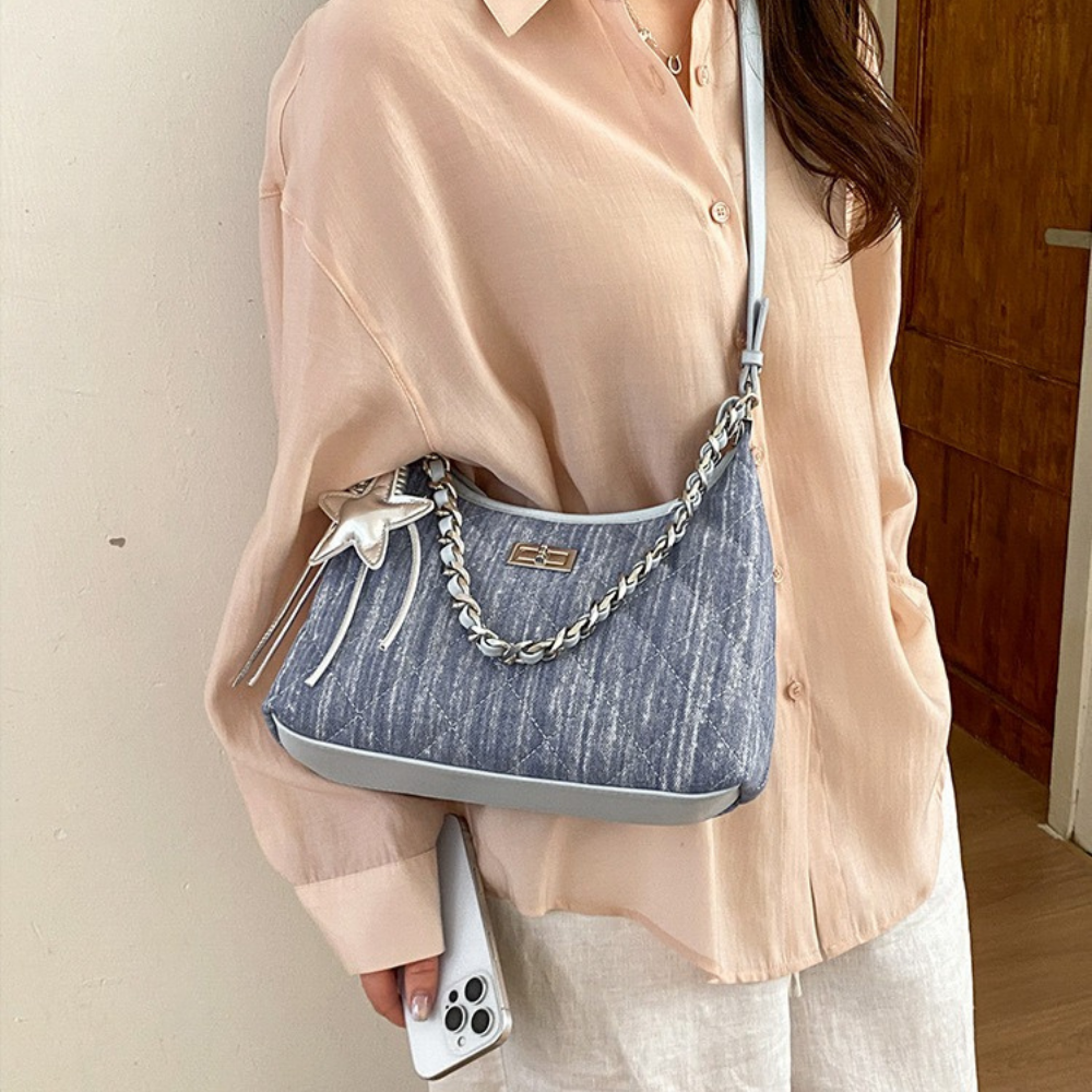 Fern Quilted Denim-Look Shoulder Bag — Sernelle — view 25