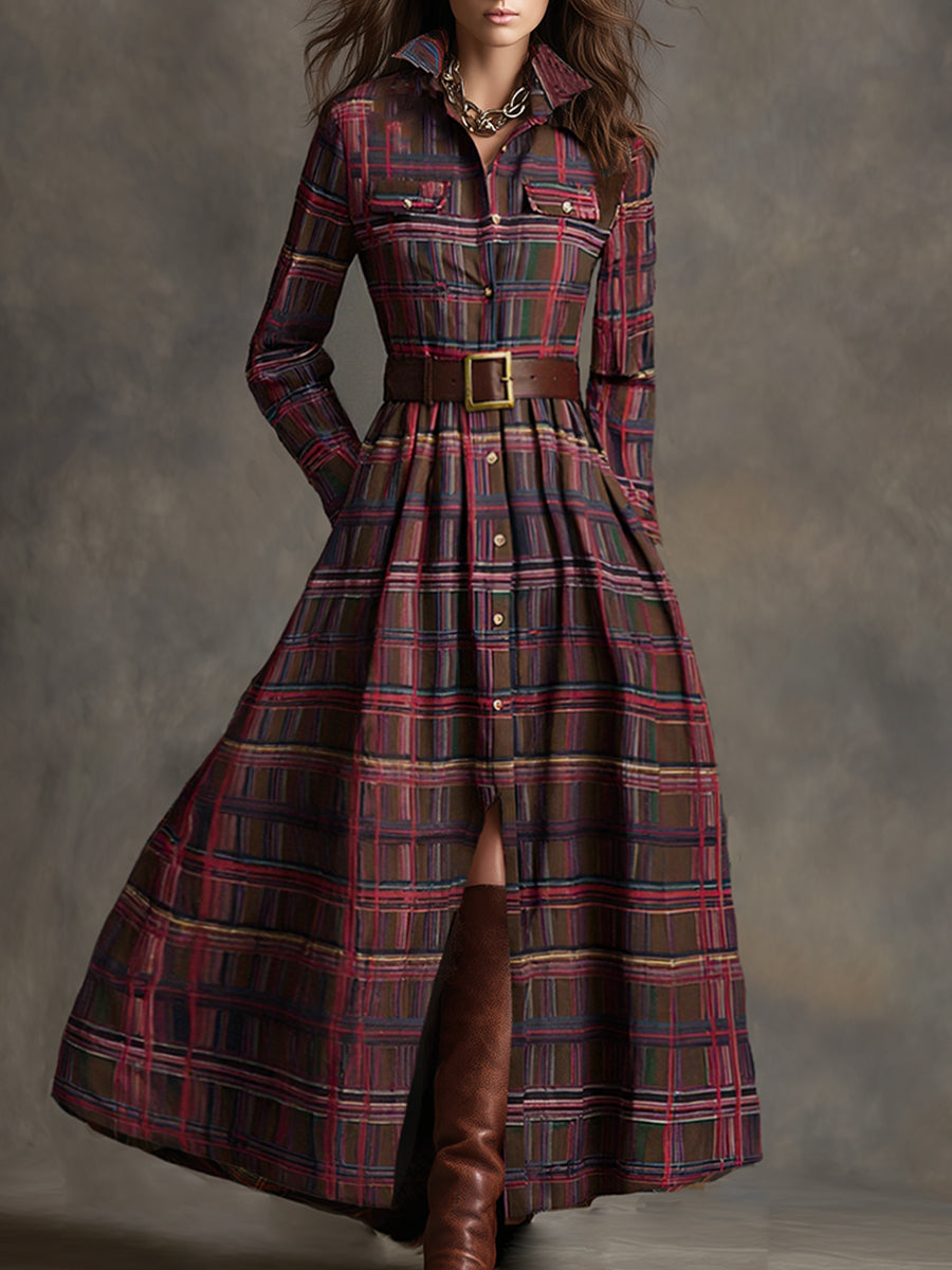 Harriet – Belted Plaid Lapel Maxi Dress