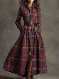 Harriet – Belted Plaid Lapel Maxi Dress