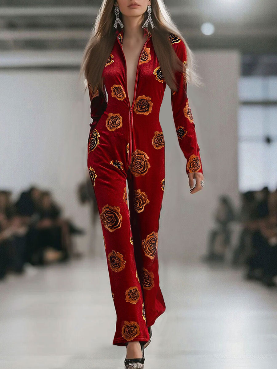 Hazel – Velvet Rose Print Zip Jumpsuit