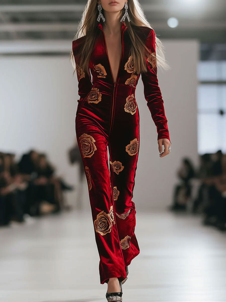 Hazel – Velvet Rose Print Zip Jumpsuit
