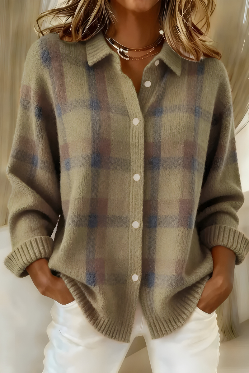 Rhonda – Plaid Button-Up Knit Cardigan