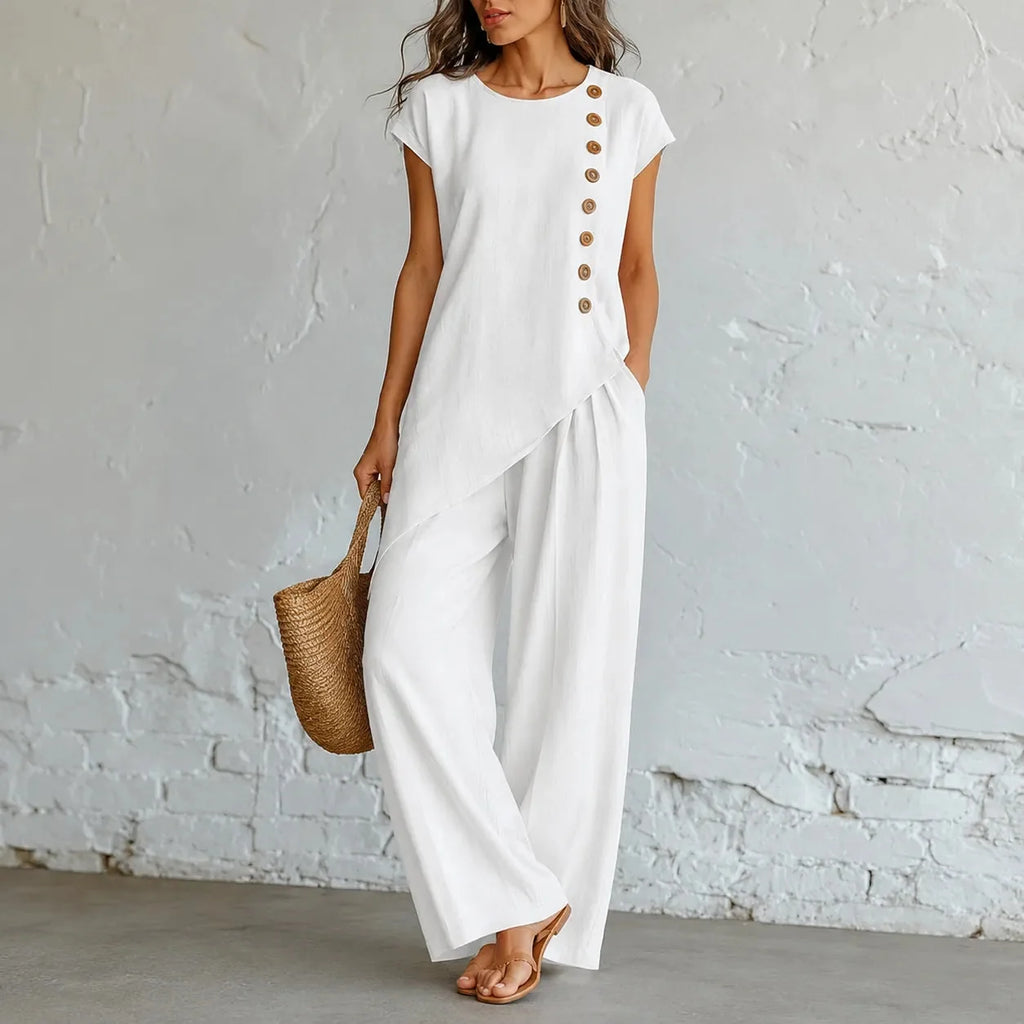 Elovena – Asymmetric Hem Top & Wide-Leg Pants Set