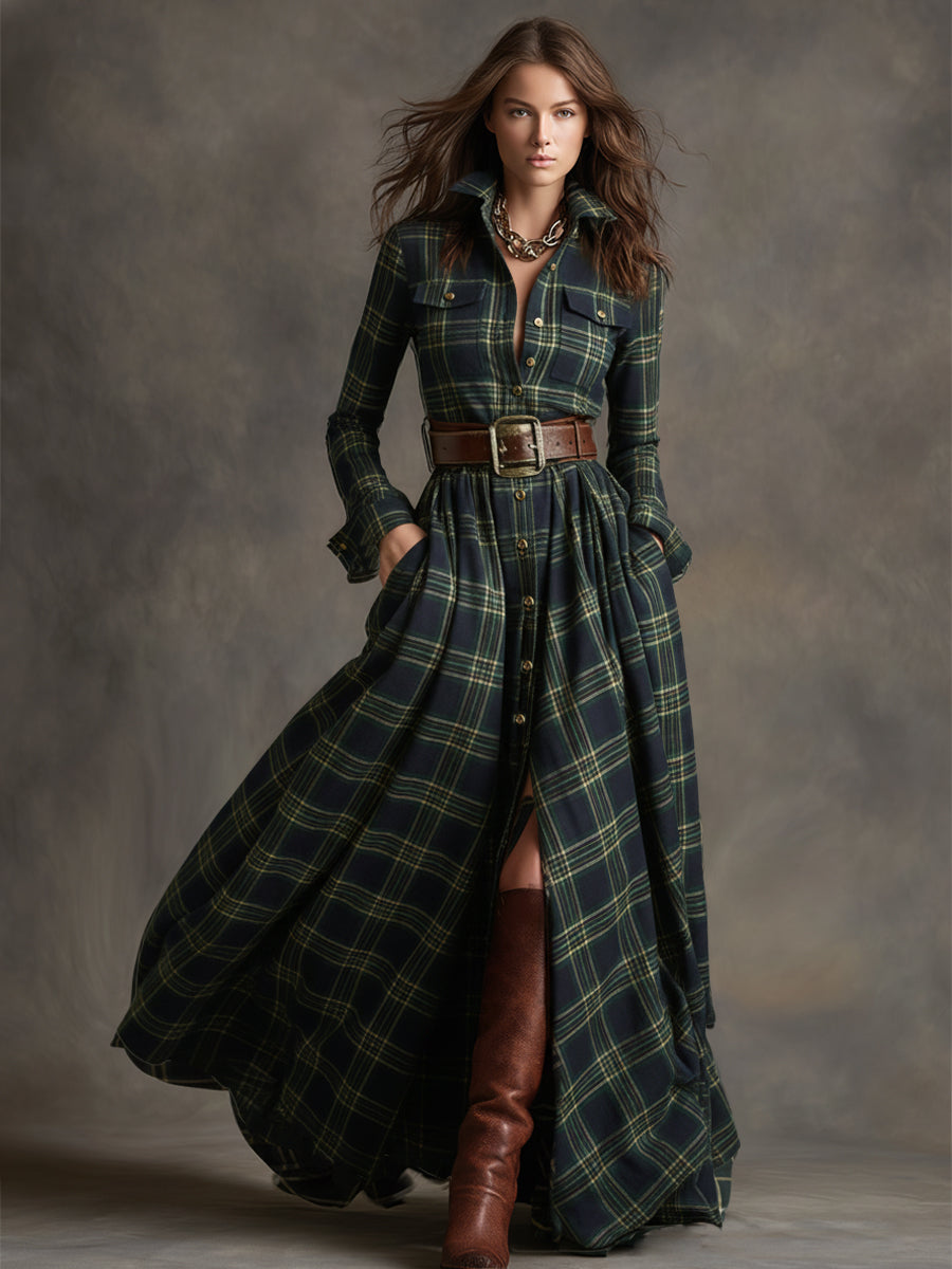 Harriet – Belted Plaid Lapel Maxi Dress