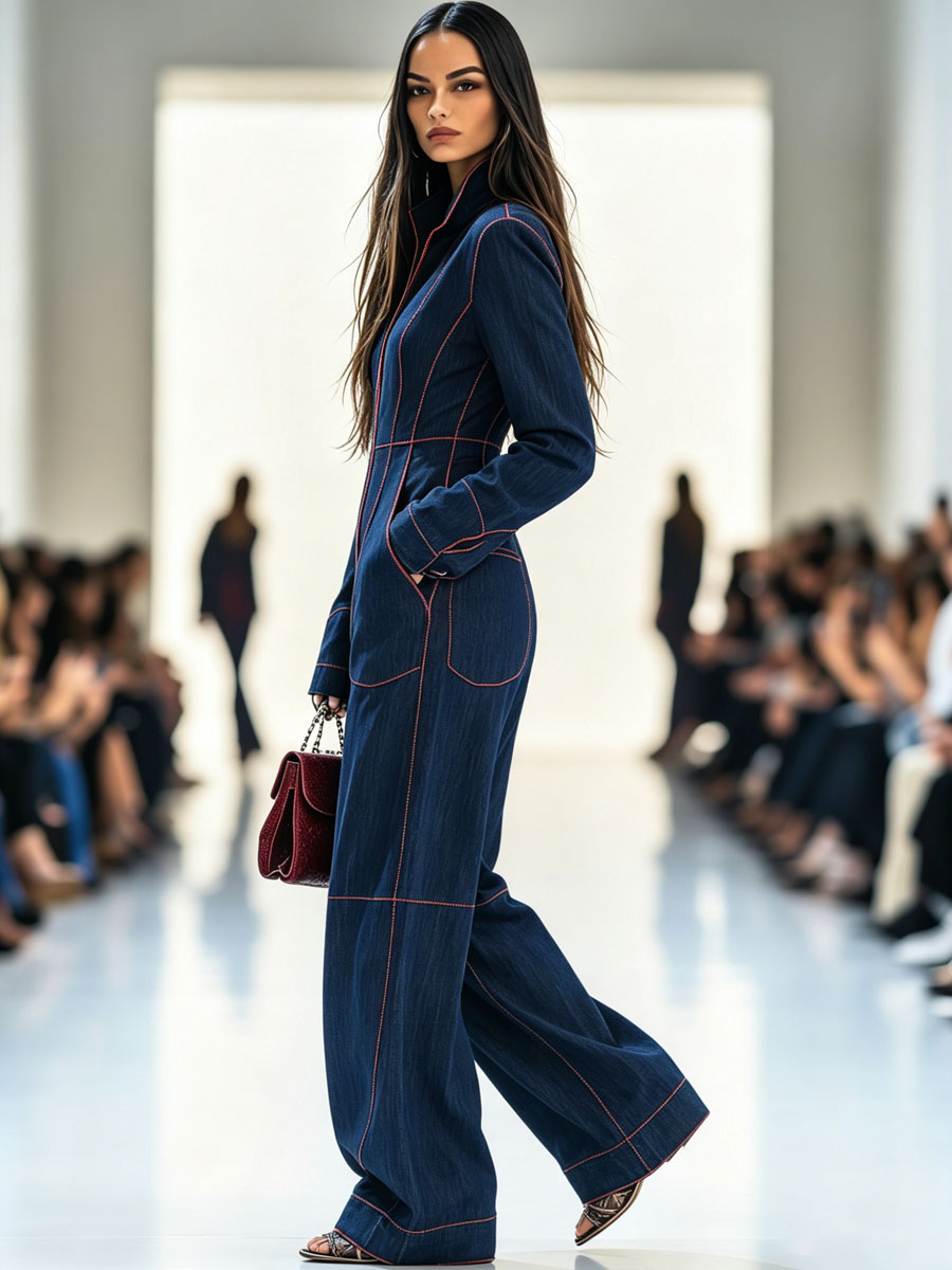 Dolores – Topstitched Wide-Leg Denim Jumpsuit