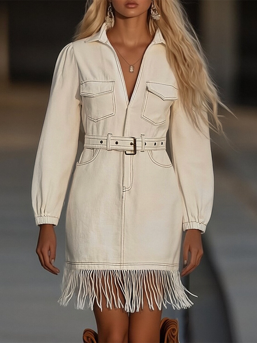Delphine – Fringe-Hem Denim Shirt Dress