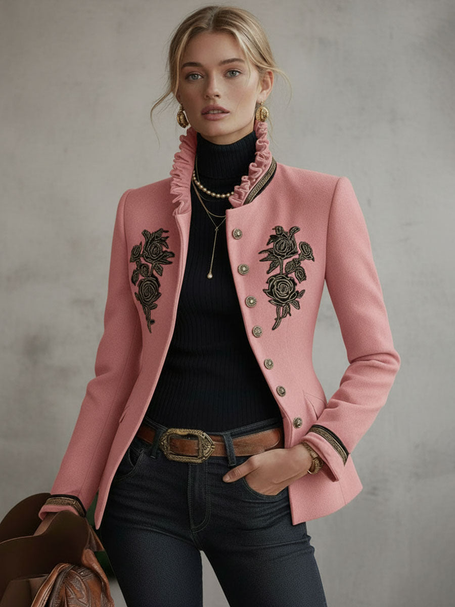 Pearl – Rose Embroidered Ruffle-Collar Jacket