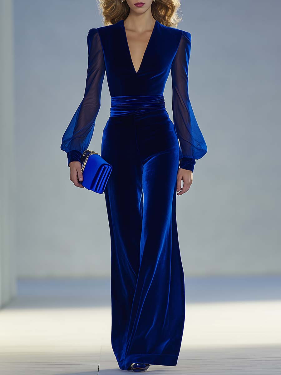 Winona – Velvet Jumpsuit with Sheer Sleeves