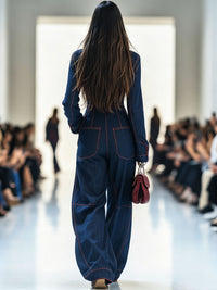 Dolores – Topstitched Wide-Leg Denim Jumpsuit