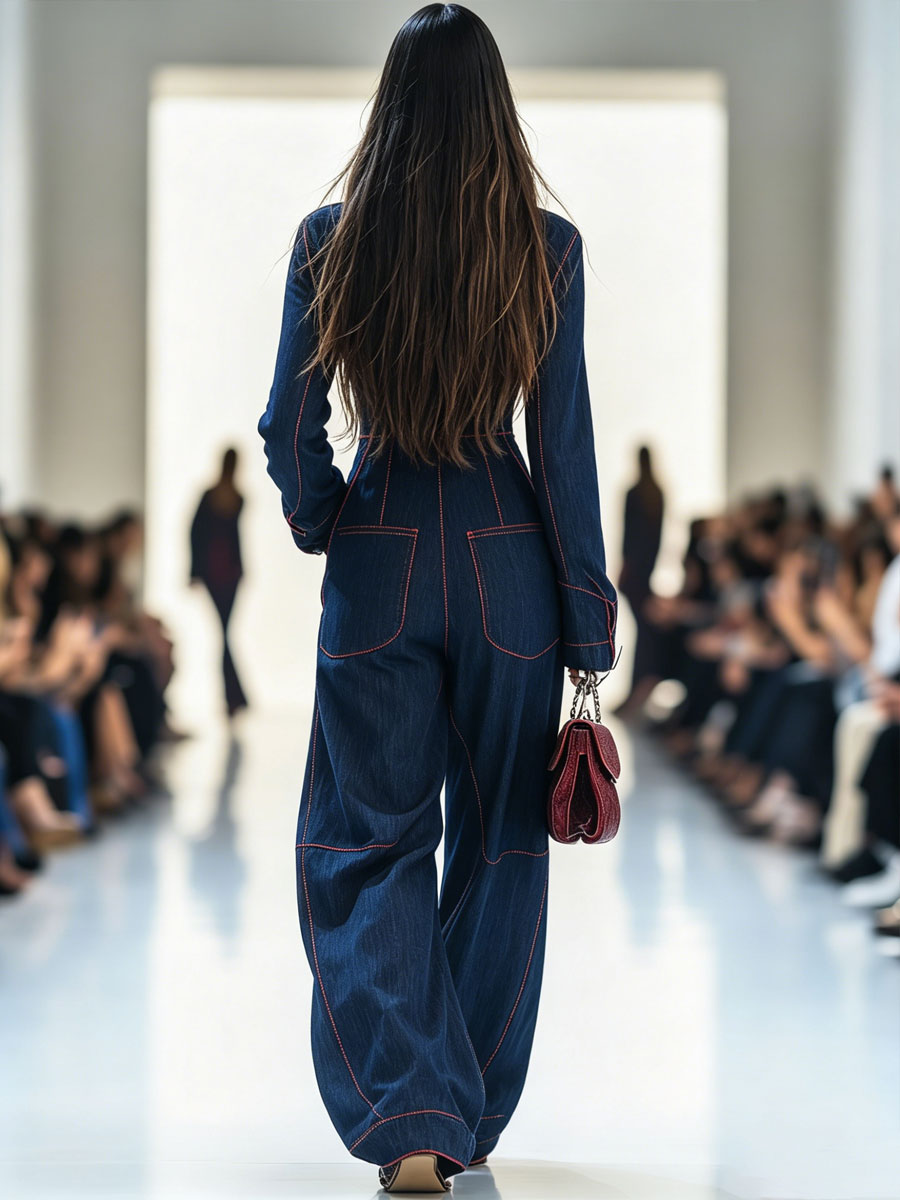 Dolores – Topstitched Wide-Leg Denim Jumpsuit