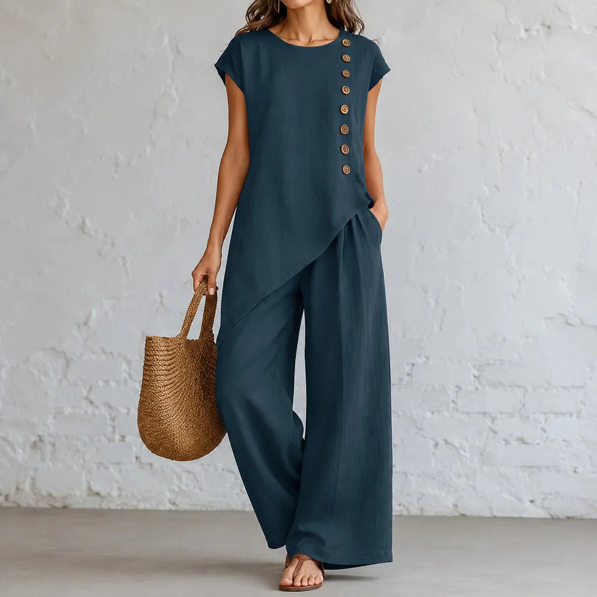 Elovena – Asymmetric Hem Top & Wide-Leg Pants Set