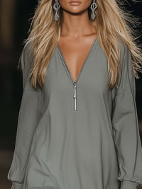 Mabel – Zip V-Neck Ruffle-Hem Mini Dress