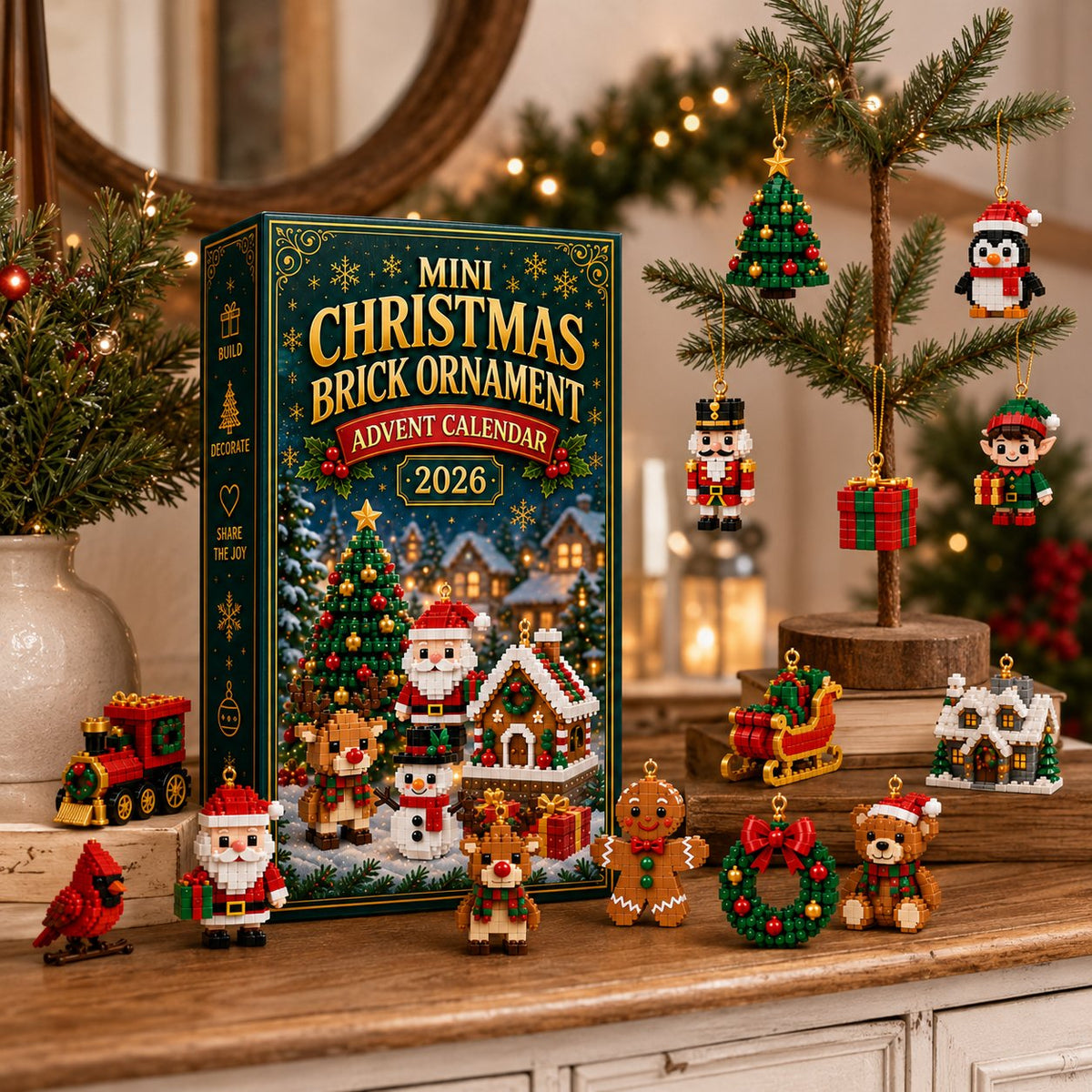 Mini brick ornaments on a small tree beside the advent calendar