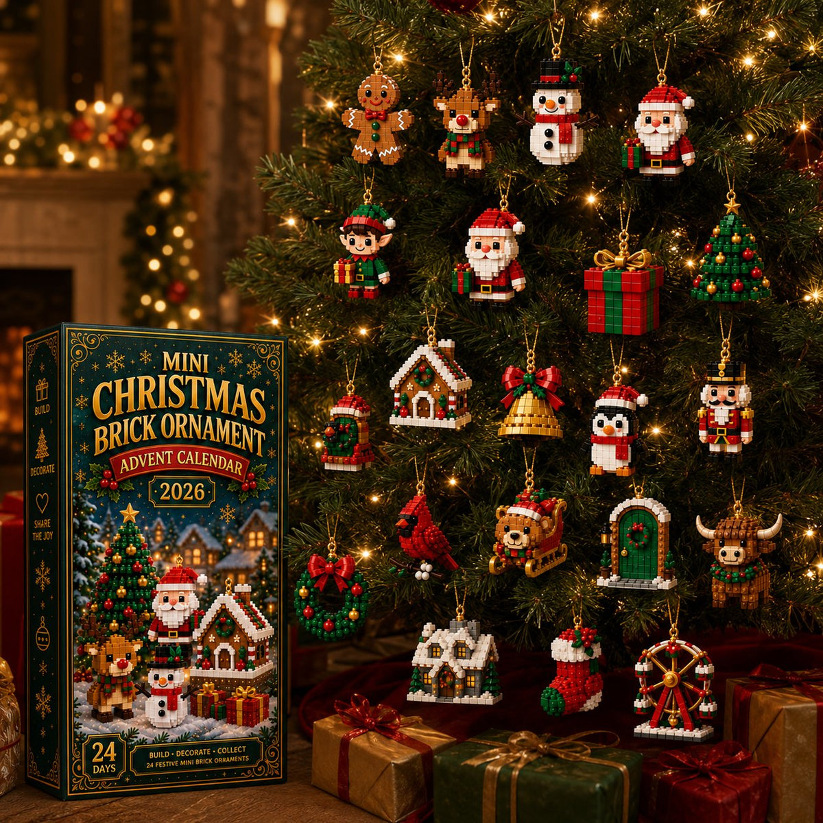 Mini brick Christmas ornaments hanging on a lit tree next to the advent calendar box