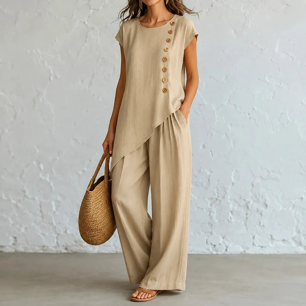 Elovena – Asymmetric Hem Top & Wide-Leg Pants Set