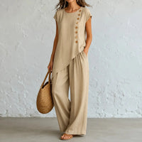 Elovena – Asymmetric Hem Top & Wide-Leg Pants Set