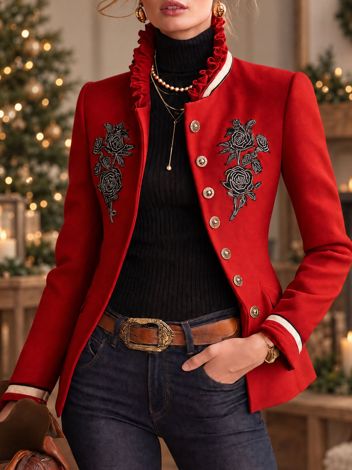 Pearl – Rose Embroidered Ruffle-Collar Jacket