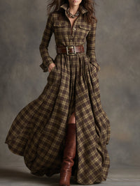 Harriet – Belted Plaid Lapel Maxi Dress