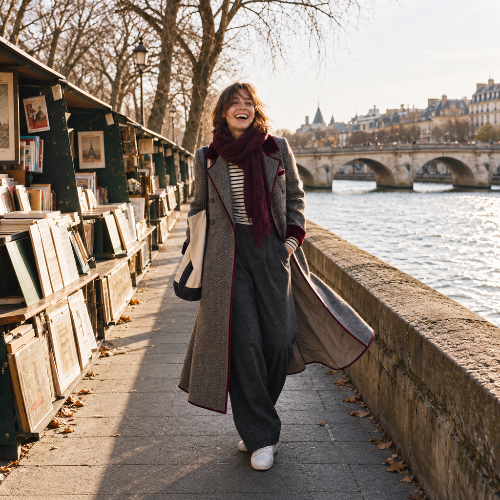 Heather | Elegant Herringbone Wool Long Coat with Velvet Trim