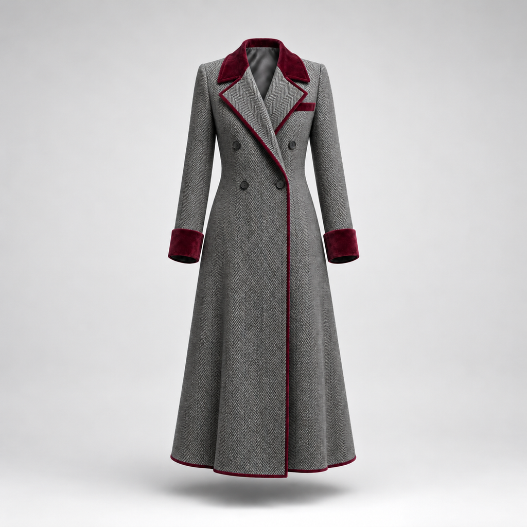 Heather | Elegant Herringbone Wool Long Coat with Velvet Trim