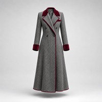 Heather | Elegant Herringbone Wool Long Coat with Velvet Trim