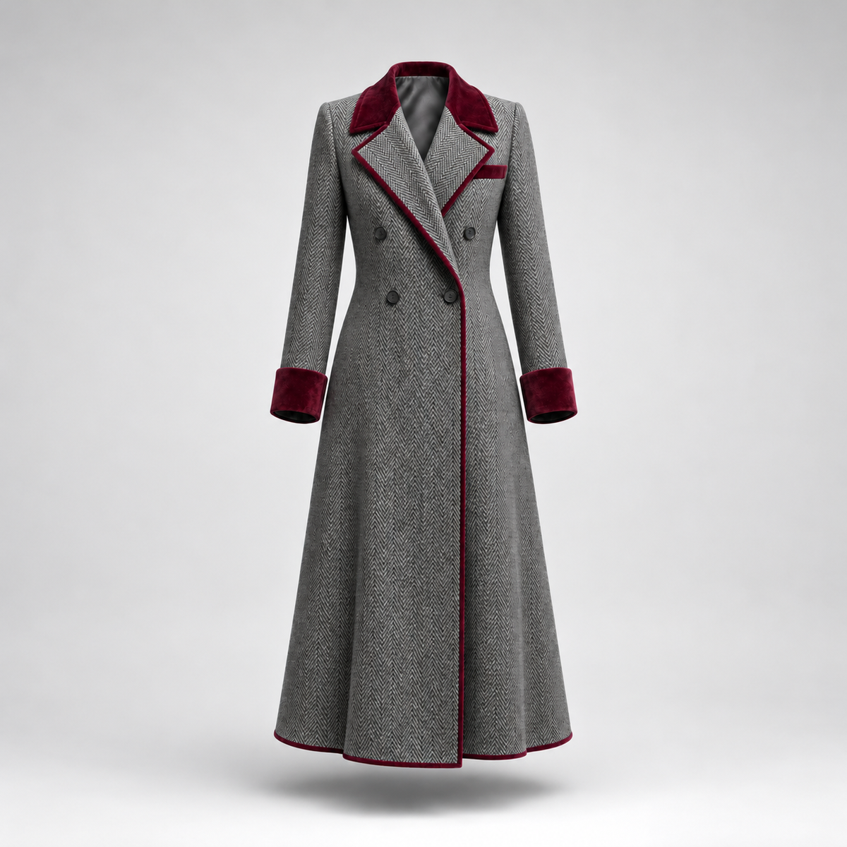 Heather | Elegant Herringbone Wool Long Coat with Velvet Trim