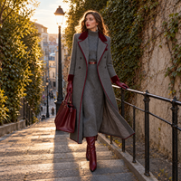 Heather | Elegant Herringbone Wool Long Coat with Velvet Trim