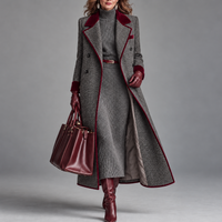 Heather | Elegant Herringbone Wool Long Coat with Velvet Trim