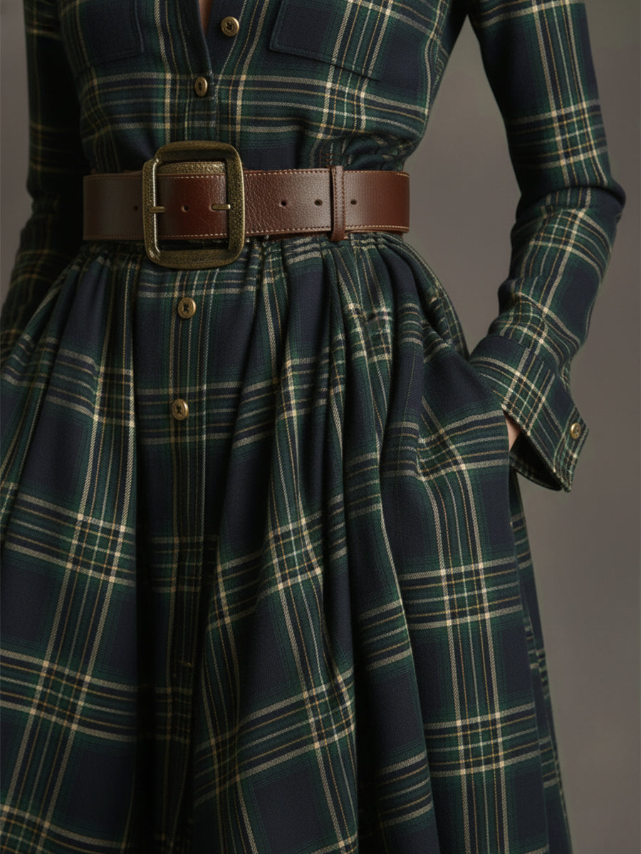 Harriet – Belted Plaid Lapel Maxi Dress