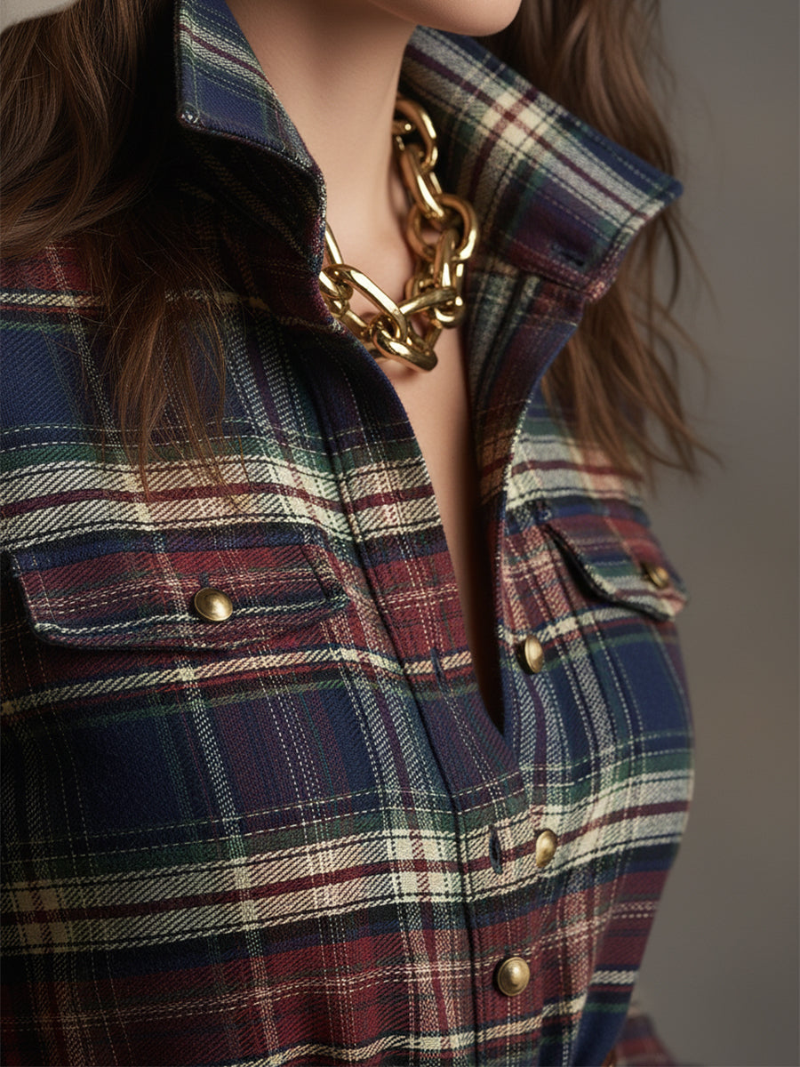 Harriet – Belted Plaid Lapel Maxi Dress