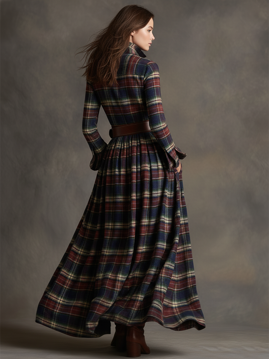 Harriet – Belted Plaid Lapel Maxi Dress